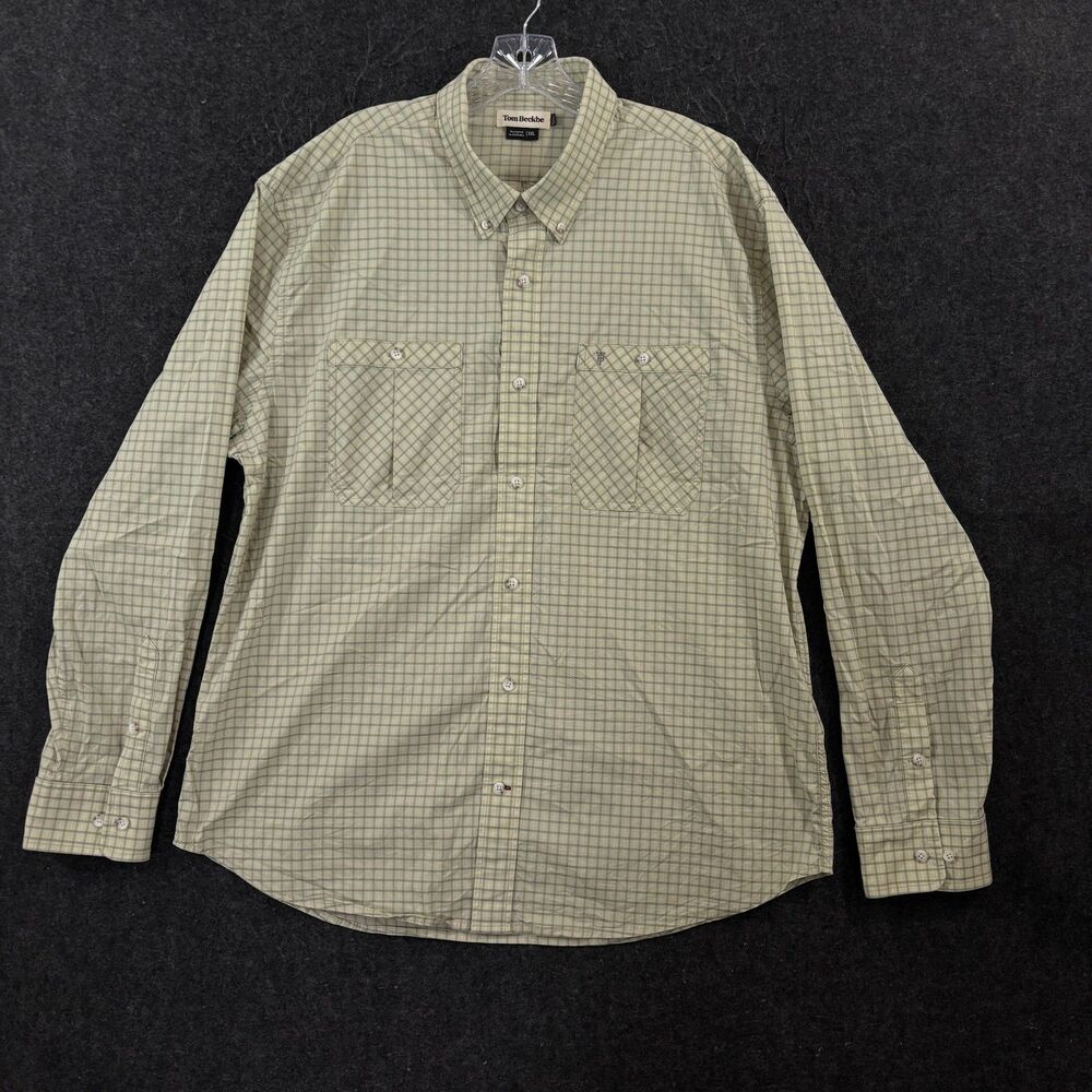 Tom Beckbe Shirt Men's XXL Green Check Cotton Nylon Stretch Pockets Button Down
